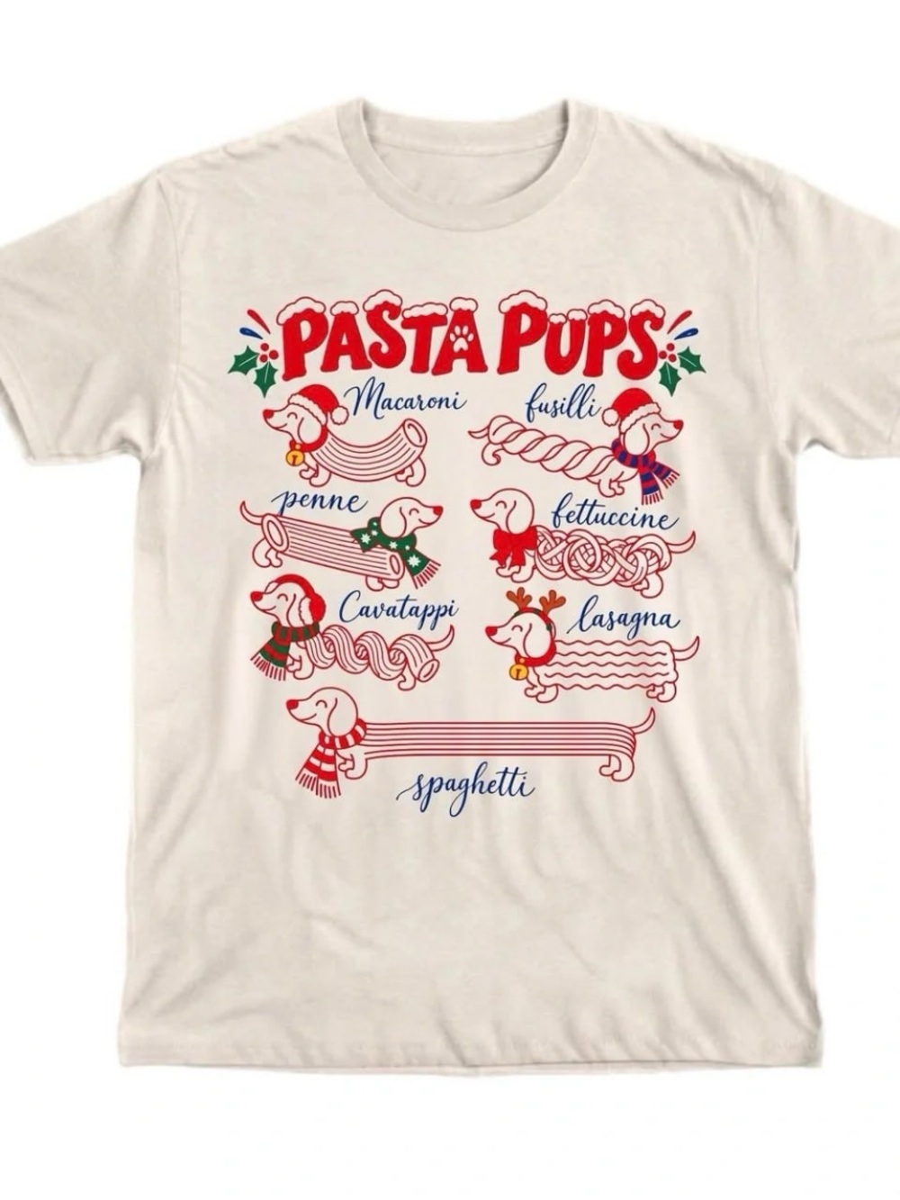 Cream Pasta Pups Graphic Tee with Red & Navy Print